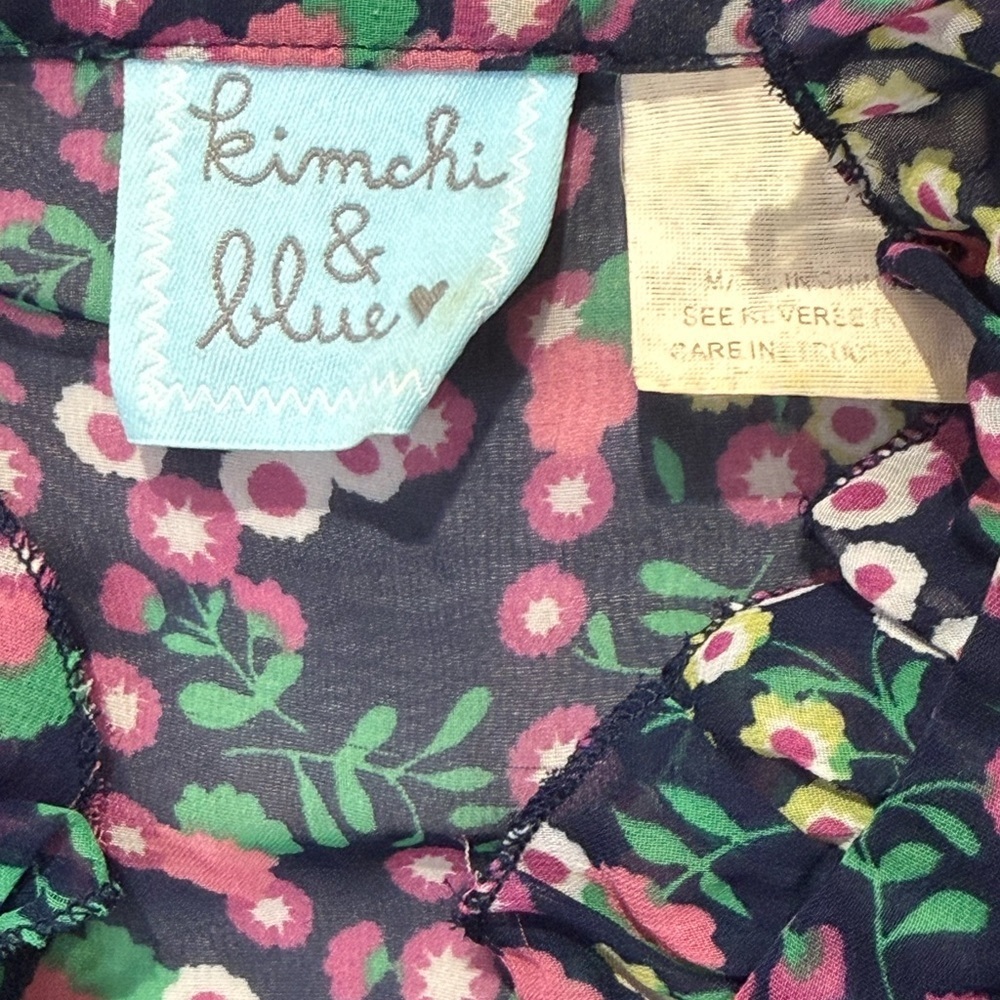 Kimchi & Blue Blouse Womens Medium Navy Sheer Floral Ruffle Short Sleeve - Picture 6 of 8